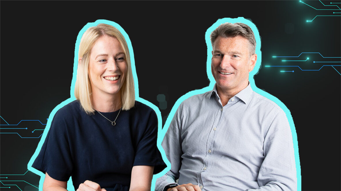Two people smiling with a light blue outline around them