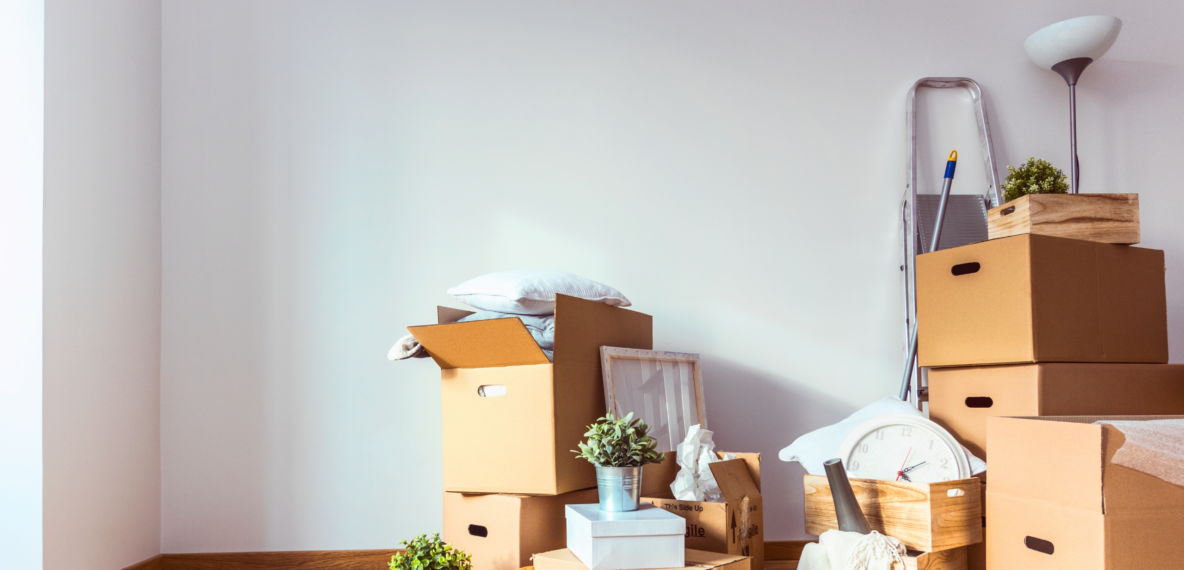 A pile of household objects packed into cardboard boxes against a white wall